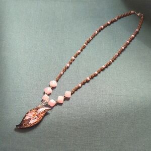 Artisan Glass Bead Necklace Angel Wings Flower Feather Pink Gold Brown Unique